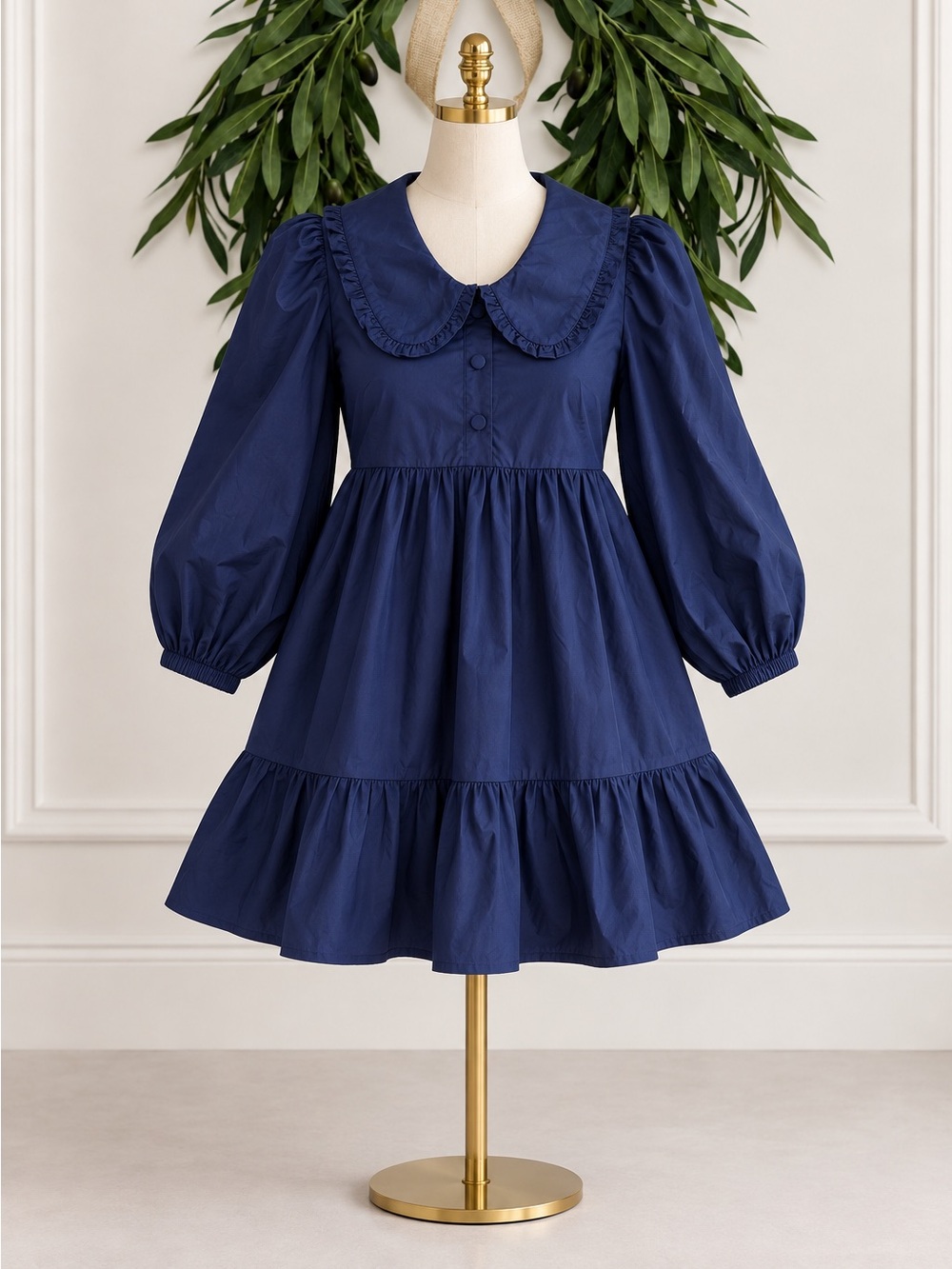 TCEC Navy Blue Cottagecore Dress Small Ruffle Collar NWOT Boutique 100% Cotton